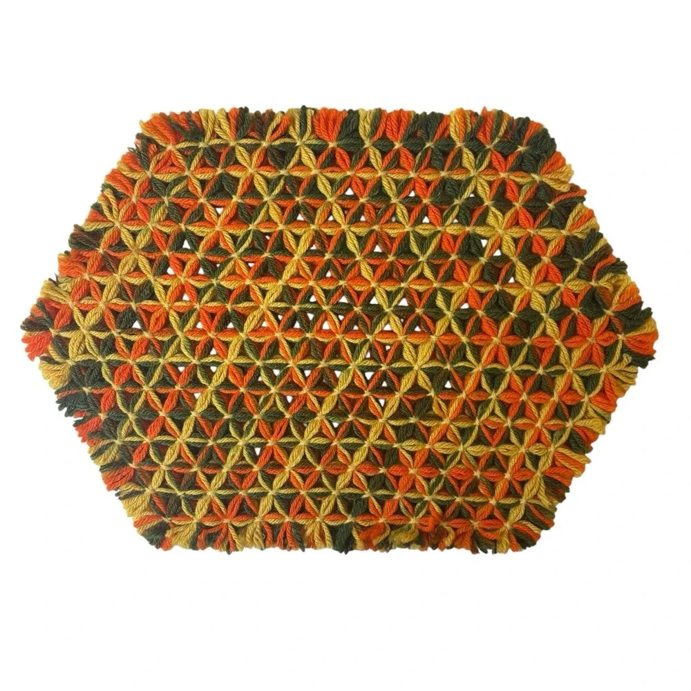 Retro crochet 70s placemats Yarn Orange/Yellow 16x10 groovy set of 2 Hand made